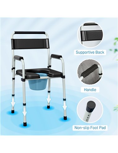 HOMCOM Commode Chair for Elderly with Arms and Back, Lightweight Non-Slip Commode w/ Removable Bucket, Height Adjustable, Black