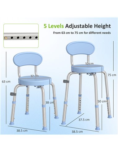 HOMCOM 360° Swivel Shower Stool with Aluminium Frame, 5-Level Adjustable Height, Backrest, Non-Slip Shower Chair for Elderly