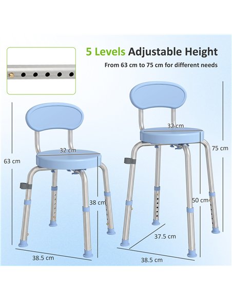 HOMCOM 360° Swivel Shower Stool with Aluminium Frame, 5-Level Adjustable Height, Backrest, Non-Slip Shower Chair for Elderly - pic 209459 | FastDaddyshop