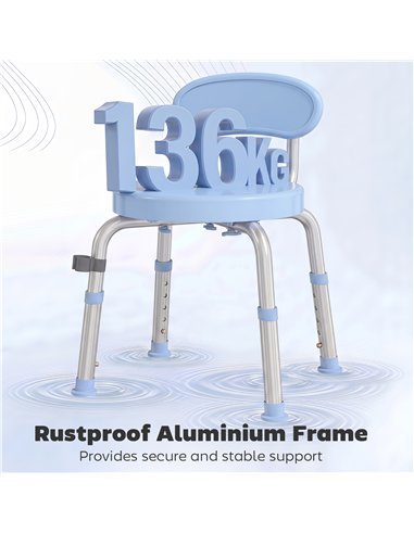 HOMCOM 360° Swivel Shower Stool with Aluminium Frame, 5-Level Adjustable Height, Backrest, Non-Slip Shower Chair for Elderly