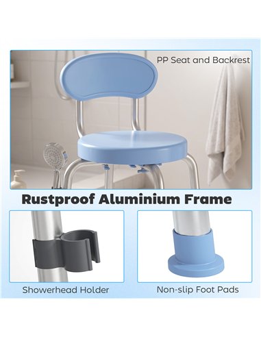 HOMCOM 360° Swivel Shower Stool with Aluminium Frame, 5-Level Adjustable Height, Backrest, Non-Slip Shower Chair for Elderly