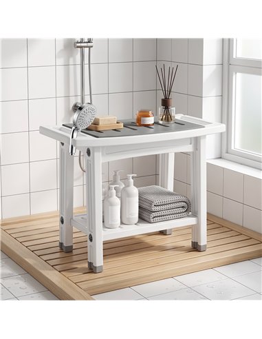HOMCOM Shower Bench 2-Tier Shower Stool Bathroom with Shelf White and Grey