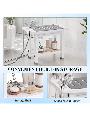 HOMCOM Shower Bench 2-Tier Shower Stool Bathroom with Shelf White and Grey