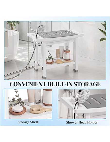 HOMCOM Shower Bench 2-Tier Shower Stool Bathroom with Shelf White and Grey - pic 209471 | FastDaddyshop