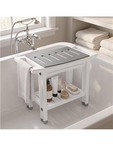 HOMCOM Shower Bench 2-Tier Shower Stool Bathroom with Shelf White and Grey