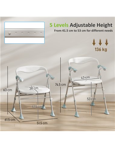 HOMCOM Foldable Shower Chair with Flip-Up Armrests, Shower Stool with Adjustable Height, Tool-Free Assembly, 136 kg