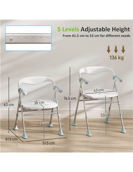 HOMCOM Foldable Shower Chair with Flip-Up Armrests, Shower Stool with Adjustable Height, Tool-Free Assembly, 136 kg - pic 209477 | FastDaddyshop