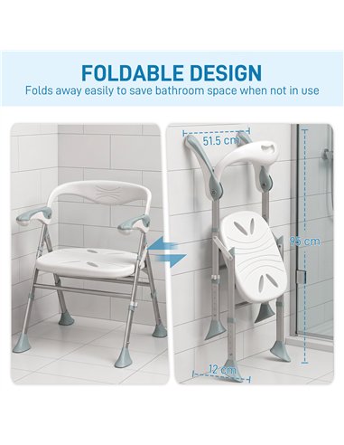 HOMCOM Foldable Shower Chair with Flip-Up Armrests, Shower Stool with Adjustable Height, Tool-Free Assembly, 136 kg