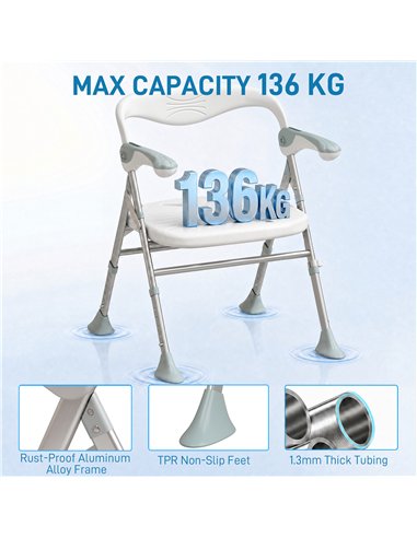 HOMCOM Foldable Shower Chair with Flip-Up Armrests, Shower Stool with Adjustable Height, Tool-Free Assembly, 136 kg