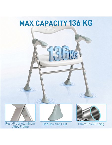HOMCOM Foldable Shower Chair with Flip-Up Armrests, Shower Stool with Adjustable Height, Tool-Free Assembly, 136 kg - pic 209480 | FastDaddyshop