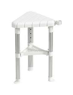 HOMCOM Shower Stool, Aluminium Alloy Corner Shower Chair with Storage Shelf and HDPE Seat, Adjustable Height, White