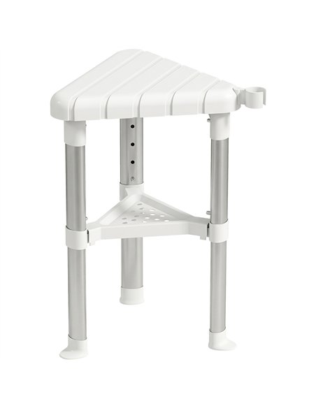 HOMCOM Shower Stool, Aluminium Alloy Corner Shower Chair with Storage Shelf and HDPE Seat, Adjustable Height, White - pic 209484 | FastDaddyshop