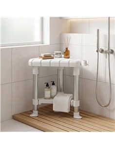 HOMCOM Shower Stool, Aluminium Alloy Corner Shower Chair with Storage Shelf and HDPE Seat, Adjustable Height, White 2