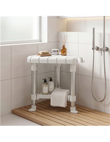 HOMCOM Shower Stool, Aluminium Alloy Corner Shower Chair with Storage Shelf and HDPE Seat, Adjustable Height, White