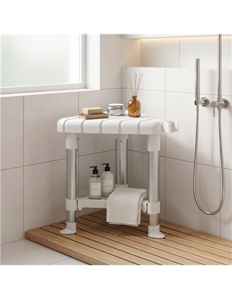 HOMCOM Shower Stool, Aluminium Alloy Corner Shower Chair with Storage Shelf and HDPE Seat, Adjustable Height, White - pic 209485 | FastDaddyshop