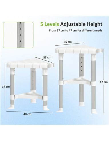 HOMCOM Shower Stool, Aluminium Alloy Corner Shower Chair with Storage Shelf and HDPE Seat, Adjustable Height, White