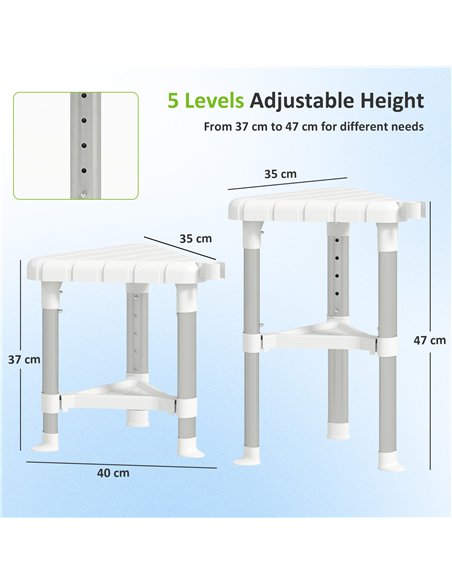HOMCOM Shower Stool, Aluminium Alloy Corner Shower Chair with Storage Shelf and HDPE Seat, Adjustable Height, White - pic 209486 | FastDaddyshop