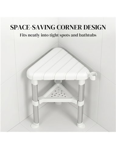 HOMCOM Shower Stool, Aluminium Alloy Corner Shower Chair with Storage Shelf and HDPE Seat, Adjustable Height, White