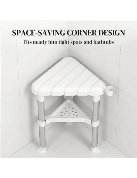 HOMCOM Shower Stool, Aluminium Alloy Corner Shower Chair with Storage Shelf and HDPE Seat, Adjustable Height, White - pic 209487 | FastDaddyshop