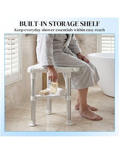 HOMCOM Shower Stool, Aluminium Alloy Corner Shower Chair with Storage Shelf and HDPE Seat, Adjustable Height, White