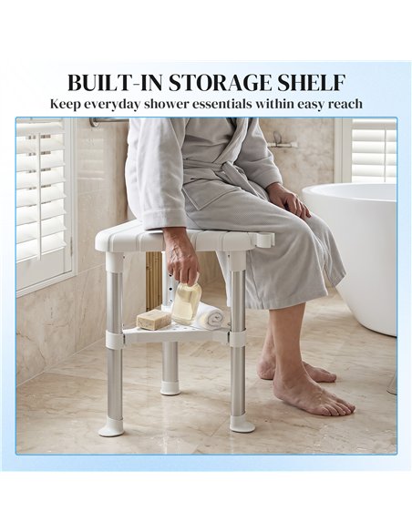 HOMCOM Shower Stool, Aluminium Alloy Corner Shower Chair with Storage Shelf and HDPE Seat, Adjustable Height, White - pic 209488 | FastDaddyshop
