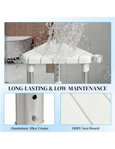 HOMCOM Shower Stool, Aluminium Alloy Corner Shower Chair with Storage Shelf and HDPE Seat, Adjustable Height, White