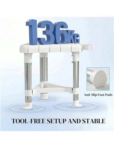HOMCOM Shower Stool, Aluminium Alloy Corner Shower Chair with Storage Shelf and HDPE Seat, Adjustable Height, White