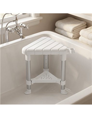 HOMCOM Shower Stool, Aluminium Alloy Corner Shower Chair with Storage Shelf and HDPE Seat, Adjustable Height, White