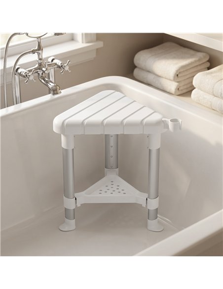 HOMCOM Shower Stool, Aluminium Alloy Corner Shower Chair with Storage Shelf and HDPE Seat, Adjustable Height, White - pic 209491 | FastDaddyshop
