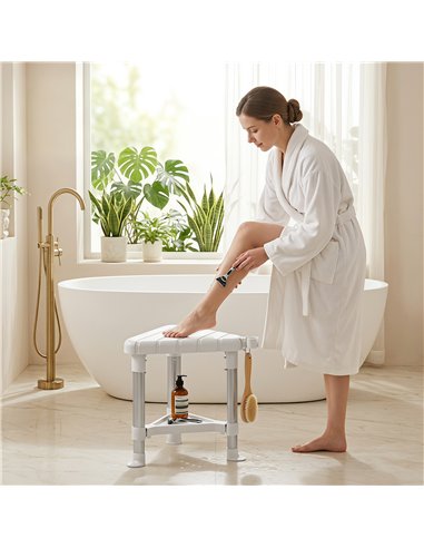 HOMCOM Shower Stool, Aluminium Alloy Corner Shower Chair with Storage Shelf and HDPE Seat, Adjustable Height, White