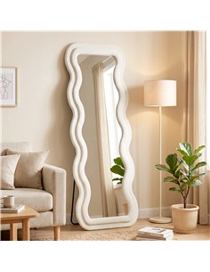 HOMCOM Full Length Mirror, 160 x 60 cm Wavy Full Body Wall Standing Mirror with Velvet Frame and Tempered Glass, Cream White 2