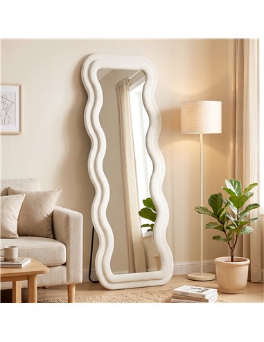 HOMCOM Full Length Mirror, 160 x 60 cm Wavy Full Body Wall Standing Mirror with Velvet Frame and Tempered Glass, Cream White