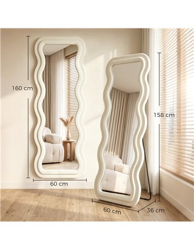 HOMCOM Full Length Mirror, 160 x 60 cm Wavy Full Body Wall Standing Mirror with Velvet Frame and Tempered Glass, Cream White