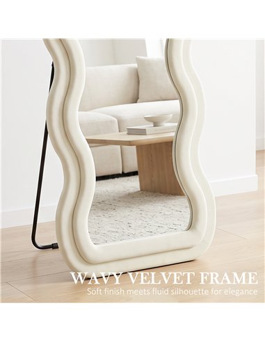 HOMCOM Full Length Mirror, 160 x 60 cm Wavy Full Body Wall Standing Mirror with Velvet Frame and Tempered Glass, Cream White