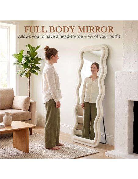 HOMCOM Full Length Mirror, 160 x 60 cm Wavy Full Body Wall Standing Mirror with Velvet Frame and Tempered Glass, Cream White - pic 209515 | FastDaddyshop