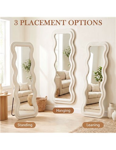 HOMCOM Full Length Mirror, 160 x 60 cm Wavy Full Body Wall Standing Mirror with Velvet Frame and Tempered Glass, Cream White