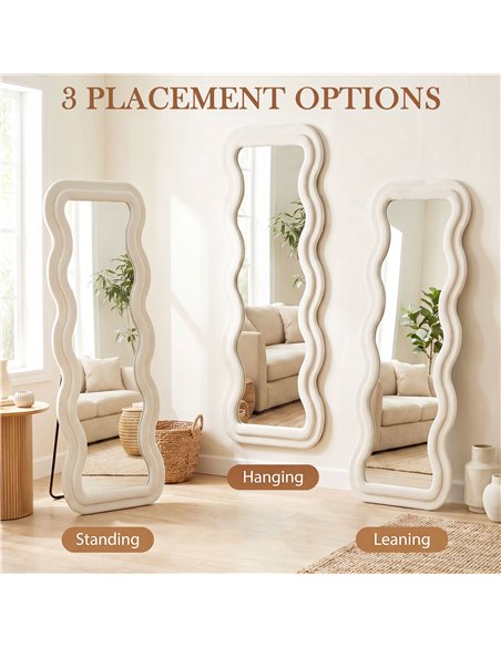 HOMCOM Full Length Mirror, 160 x 60 cm Wavy Full Body Wall Standing Mirror with Velvet Frame and Tempered Glass, Cream White - pic 209516 | FastDaddyshop