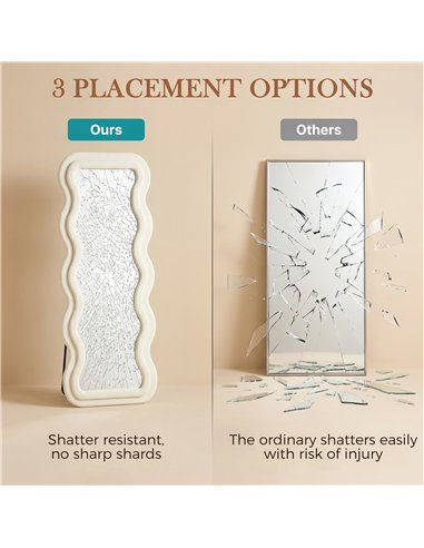 HOMCOM Full Length Mirror, 160 x 60 cm Wavy Full Body Wall Standing Mirror with Velvet Frame and Tempered Glass, Cream White