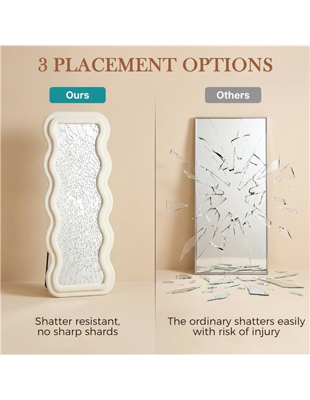 HOMCOM Full Length Mirror, 160 x 60 cm Wavy Full Body Wall Standing Mirror with Velvet Frame and Tempered Glass, Cream White - pic 209517 | FastDaddyshop