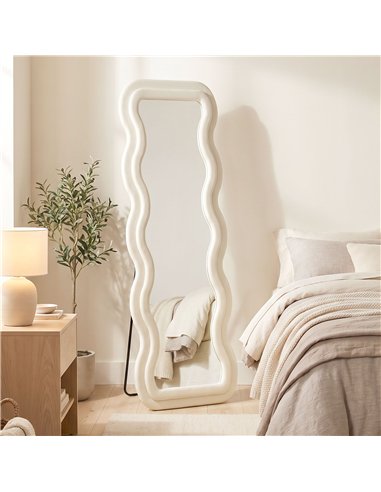HOMCOM Full Length Mirror, 160 x 60 cm Wavy Full Body Wall Standing Mirror with Velvet Frame and Tempered Glass, Cream White