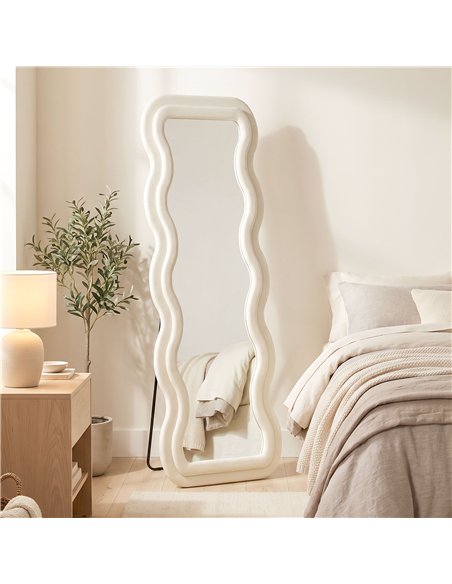 HOMCOM Full Length Mirror, 160 x 60 cm Wavy Full Body Wall Standing Mirror with Velvet Frame and Tempered Glass, Cream White - pic 209518 | FastDaddyshop