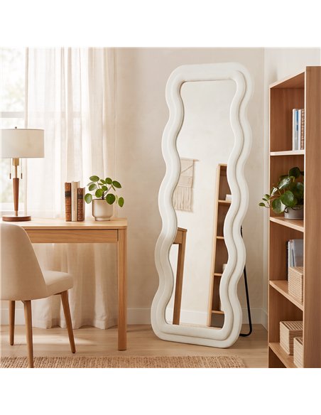 HOMCOM Full Length Mirror, 160 x 60 cm Wavy Full Body Wall Standing Mirror with Velvet Frame and Tempered Glass, Cream White - pic 209519 | FastDaddyshop