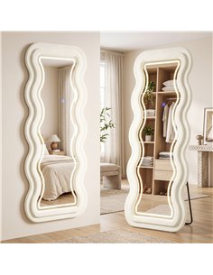 HOMCOM Full Length Mirror, 160 x 60 cm Wavy Full Body Wall Standing Mirror with Velvet Frame and LED Light Strip, Cream White 2