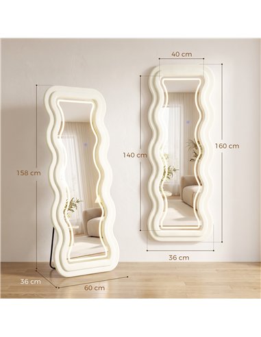 HOMCOM Full Length Mirror, 160 x 60 cm Wavy Full Body Wall Standing Mirror with Velvet Frame and LED Light Strip, Cream White