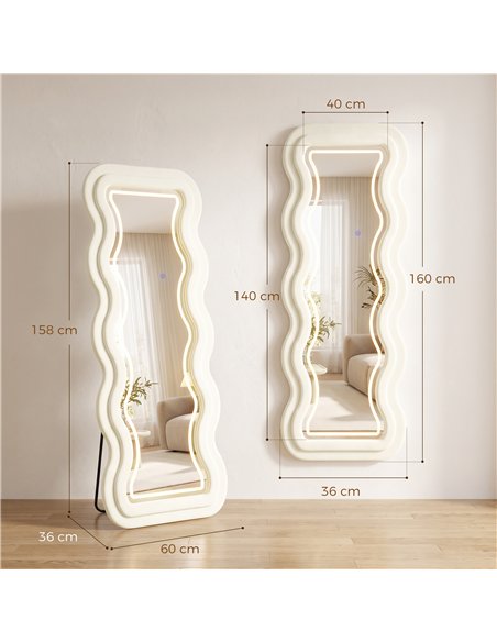 HOMCOM Full Length Mirror, 160 x 60 cm Wavy Full Body Wall Standing Mirror with Velvet Frame and LED Light Strip, Cream White - pic 209522 | FastDaddyshop