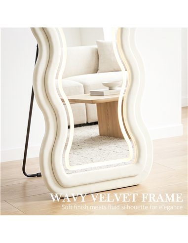 HOMCOM Full Length Mirror, 160 x 60 cm Wavy Full Body Wall Standing Mirror with Velvet Frame and LED Light Strip, Cream White