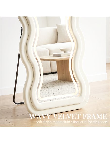 HOMCOM Full Length Mirror, 160 x 60 cm Wavy Full Body Wall Standing Mirror with Velvet Frame and LED Light Strip, Cream White - pic 209523 | FastDaddyshop