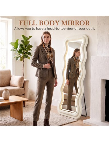 HOMCOM Full Length Mirror, 160 x 60 cm Wavy Full Body Wall Standing Mirror with Velvet Frame and LED Light Strip, Cream White