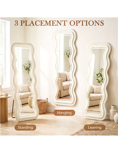 HOMCOM Full Length Mirror, 160 x 60 cm Wavy Full Body Wall Standing Mirror with Velvet Frame and LED Light Strip, Cream White