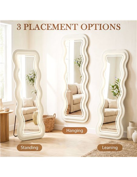 HOMCOM Full Length Mirror, 160 x 60 cm Wavy Full Body Wall Standing Mirror with Velvet Frame and LED Light Strip, Cream White - pic 209525 | FastDaddyshop